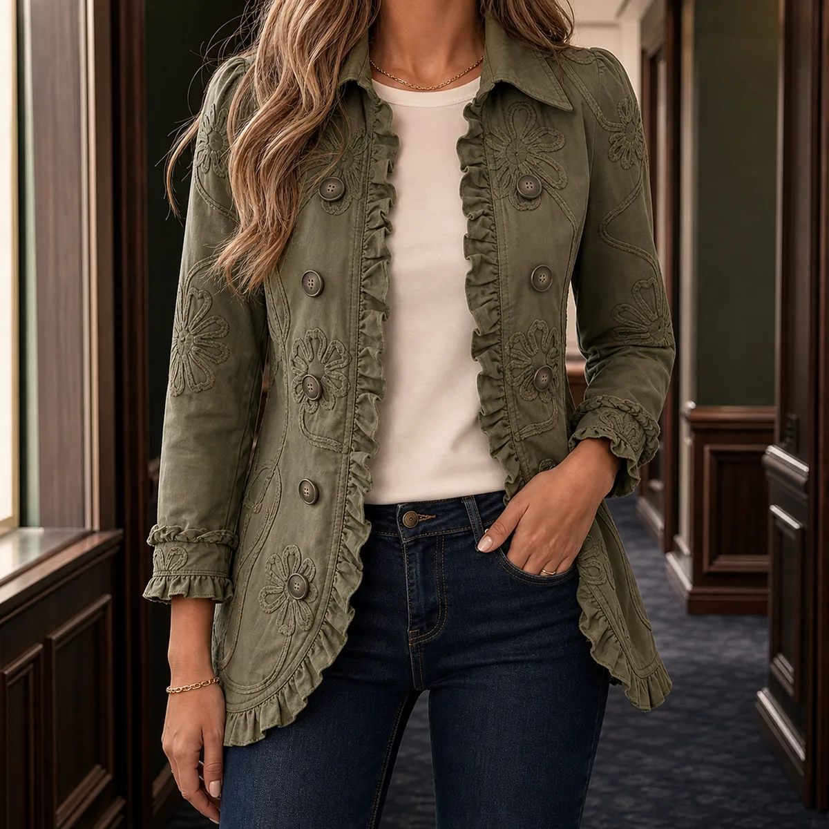 Sharon-Sage Ruffle Trim Jacket