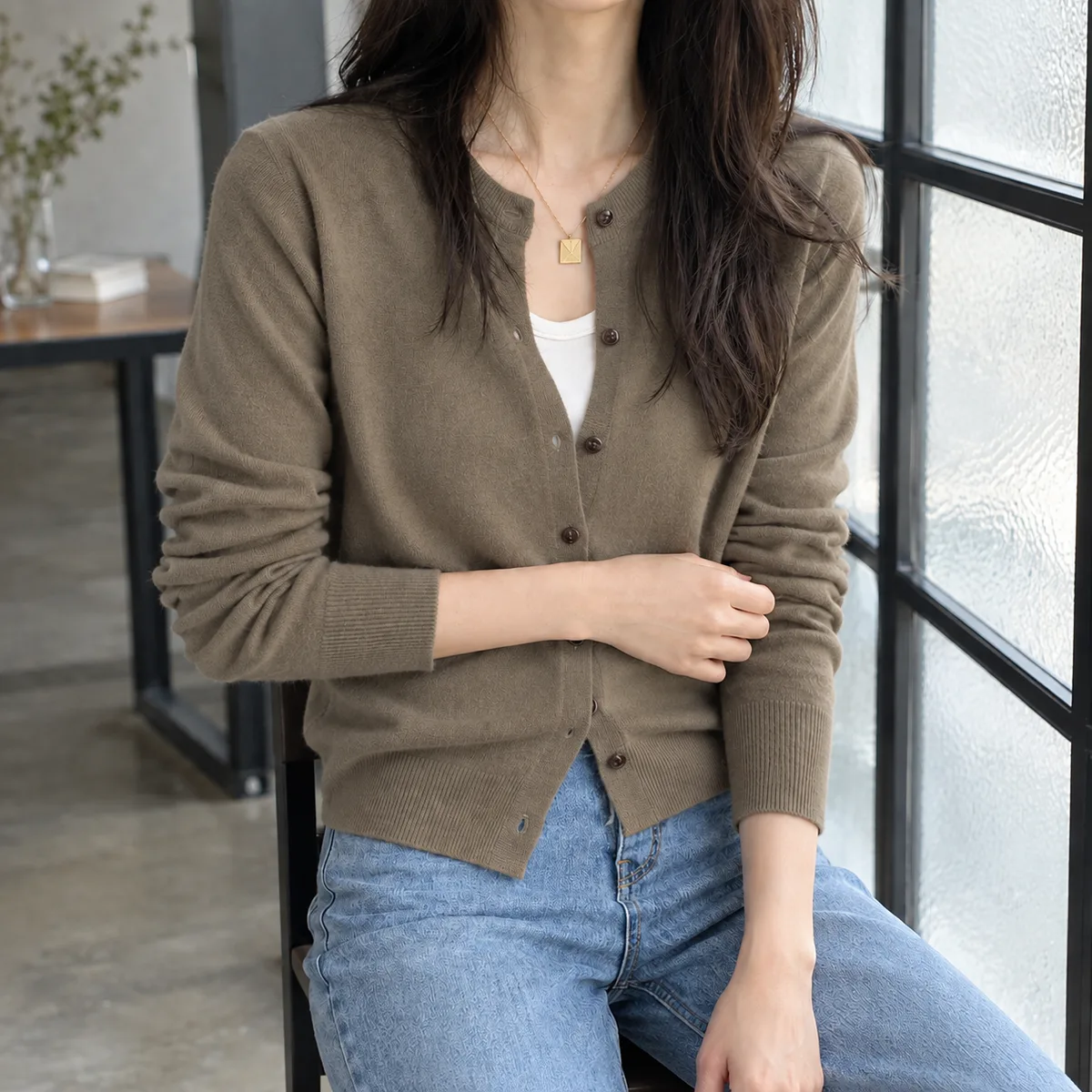 Leah Crewneck Cardigan — Taupe Brown