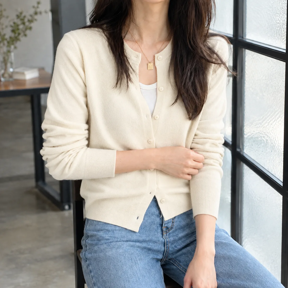 Leah Crewneck Cardigan — Cream