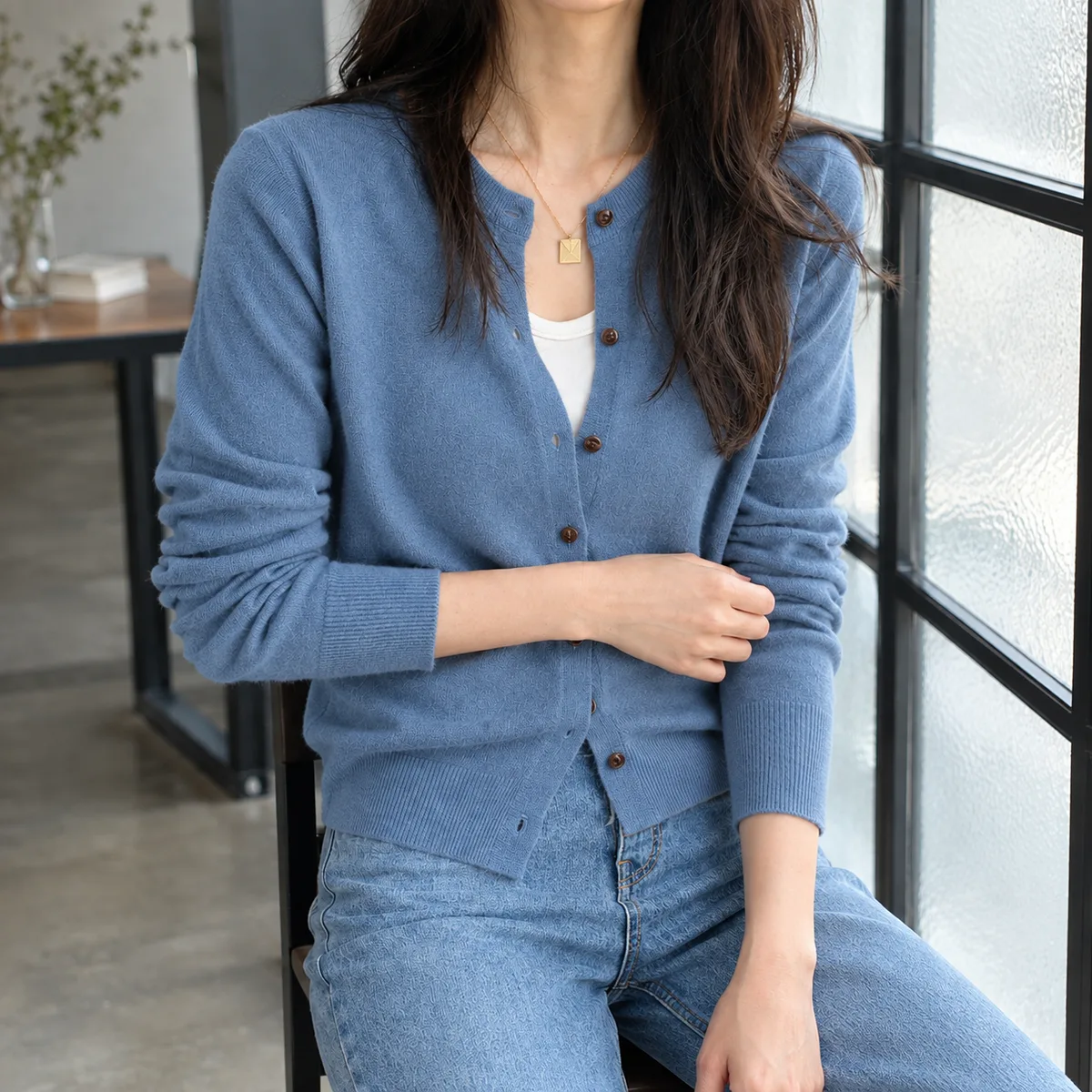 Leah Crewneck Cardigan — Blue