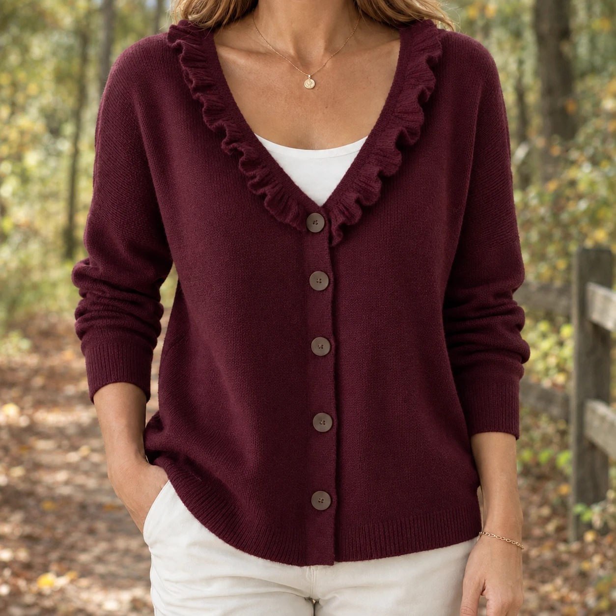 Severine-Claire Ruffle Cardigan — Wine Red