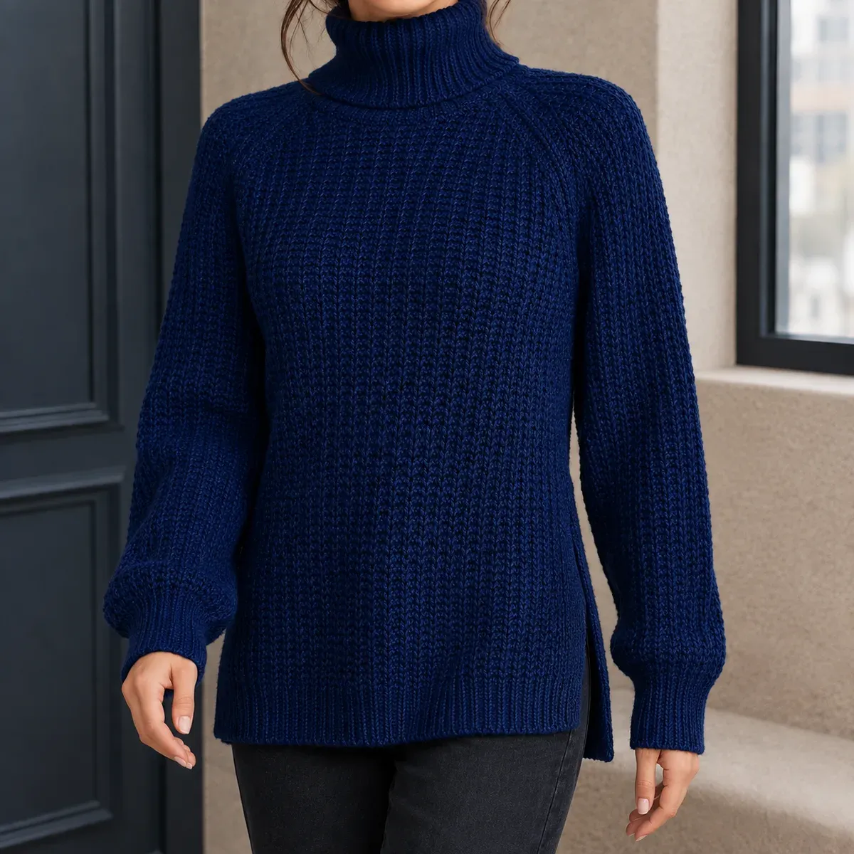 Hyacinth-Faye Ribbed Turtleneck Sweater in Dark Blue