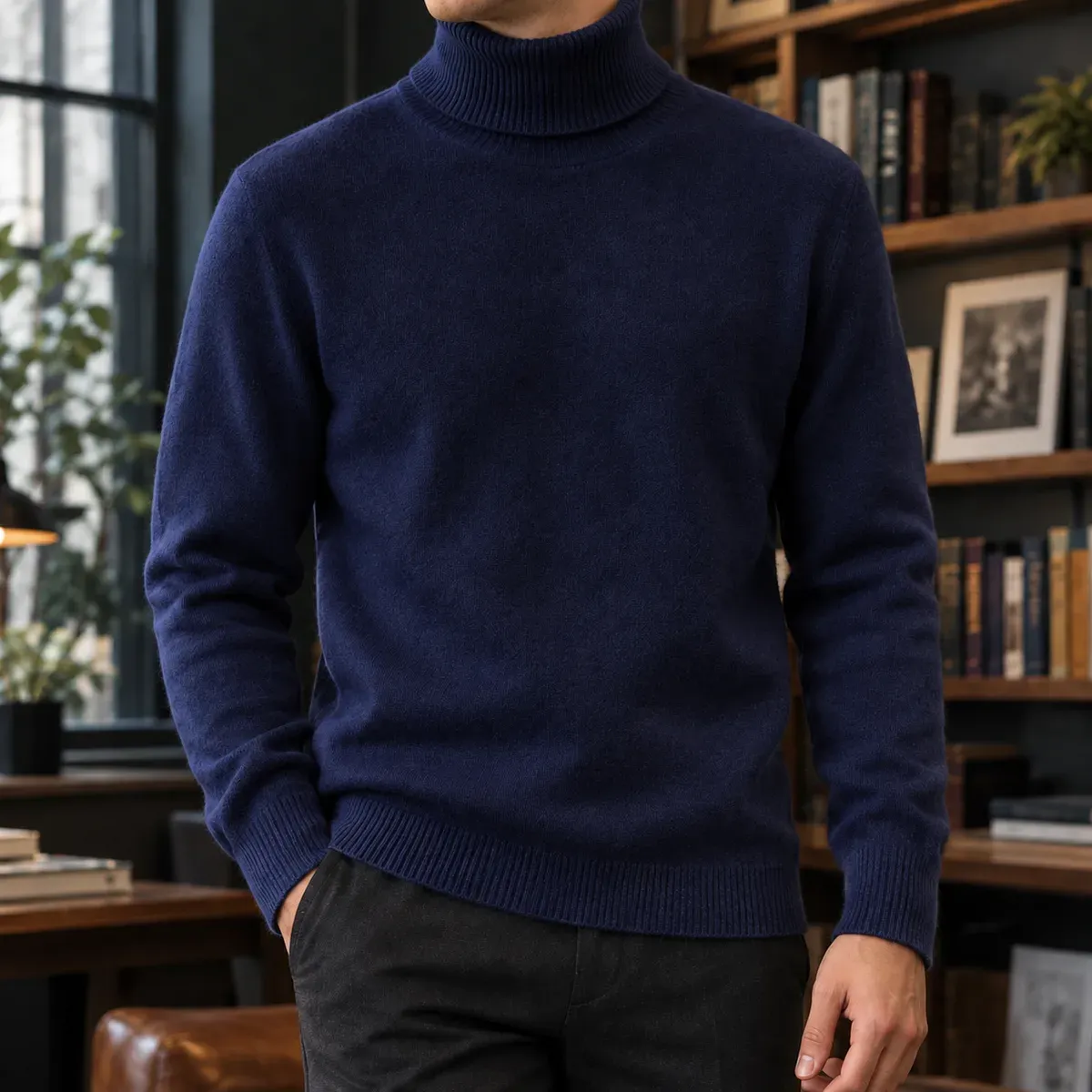 Lambert High Collar Sweater in Navy Blue