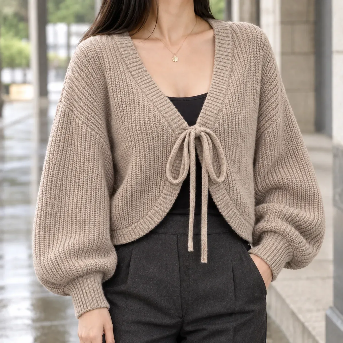Maylis Tie Front Cardigan in Taupe