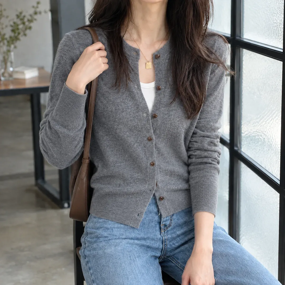 Leah Crewneck Cardigan in Gray
