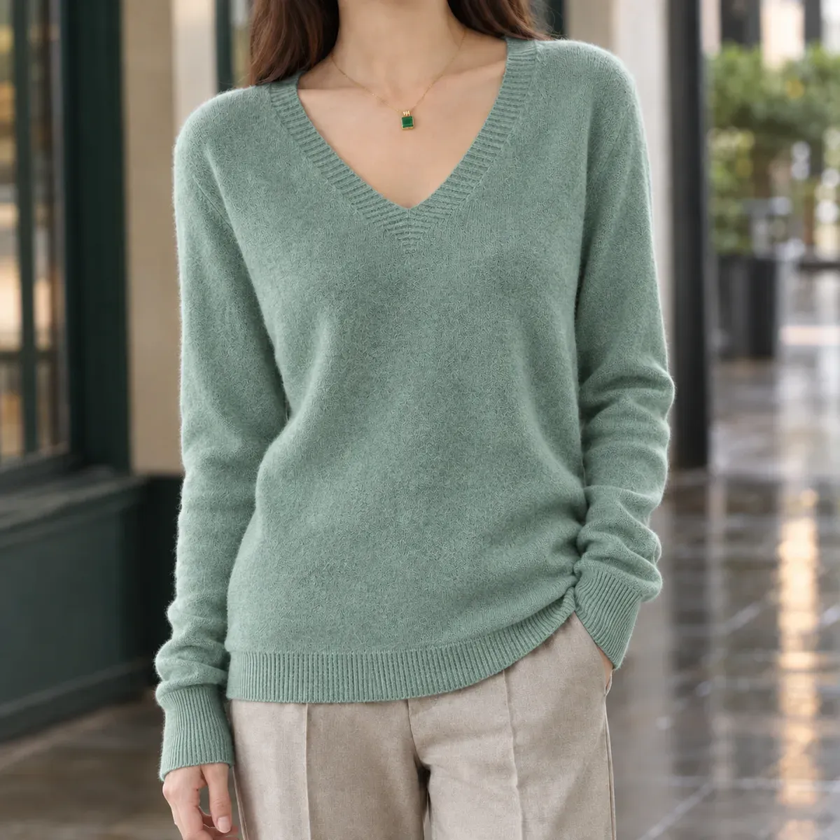 Leocadia-Marie V-Neck Sweater in Grass Green