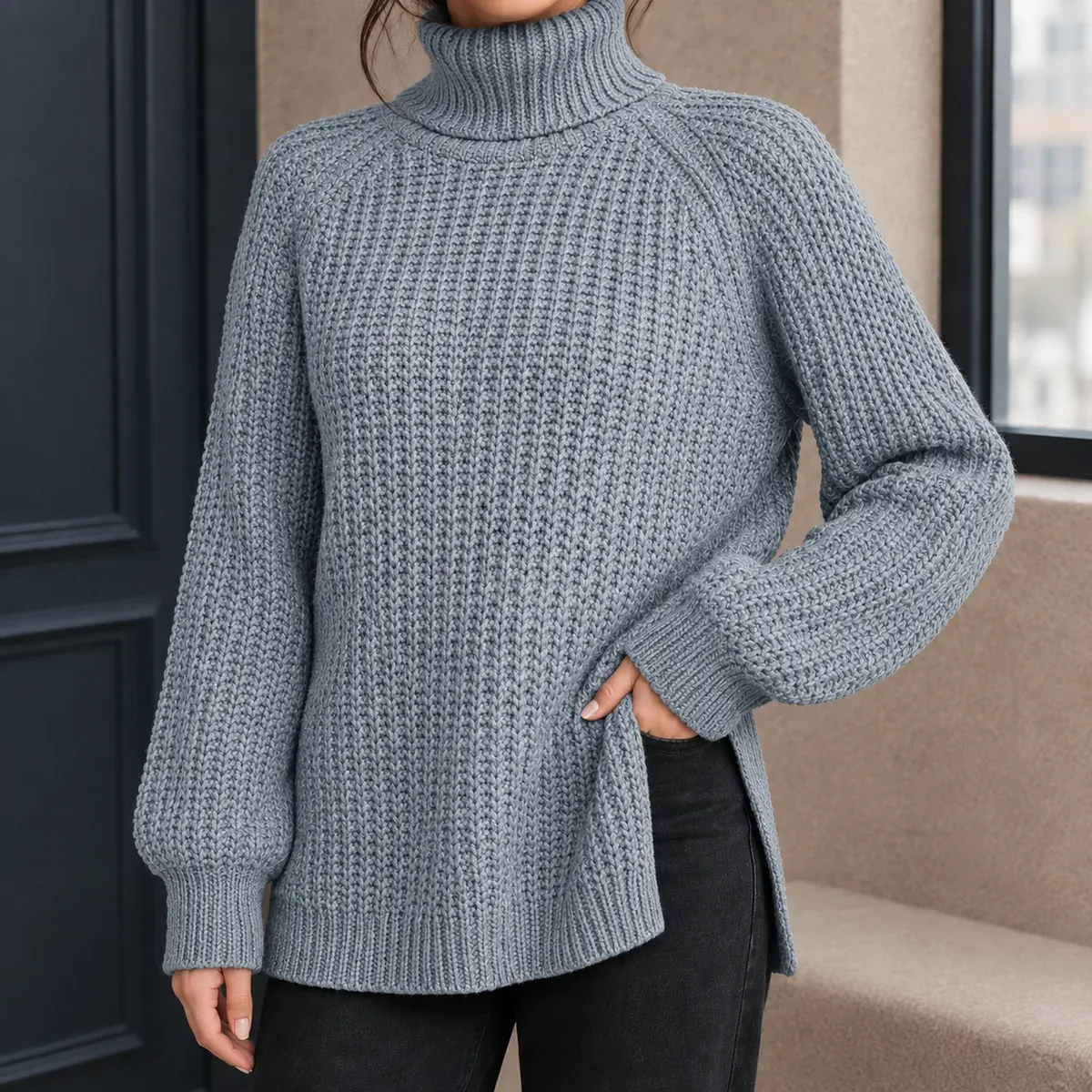 Hyacinth-Faye Ribbed Turtleneck Sweater in Slab Gray