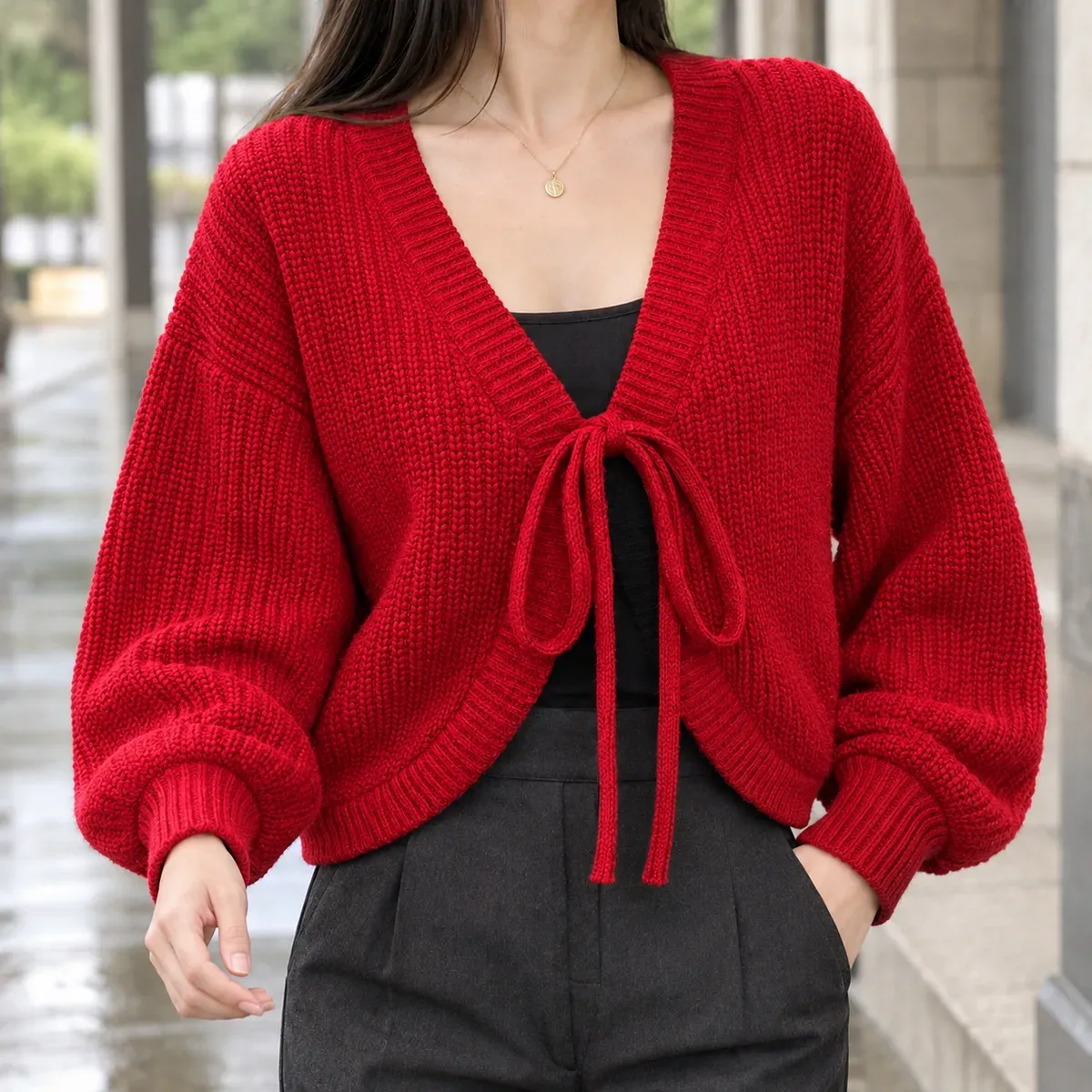 Maylis Tie Front Cardigan in Red