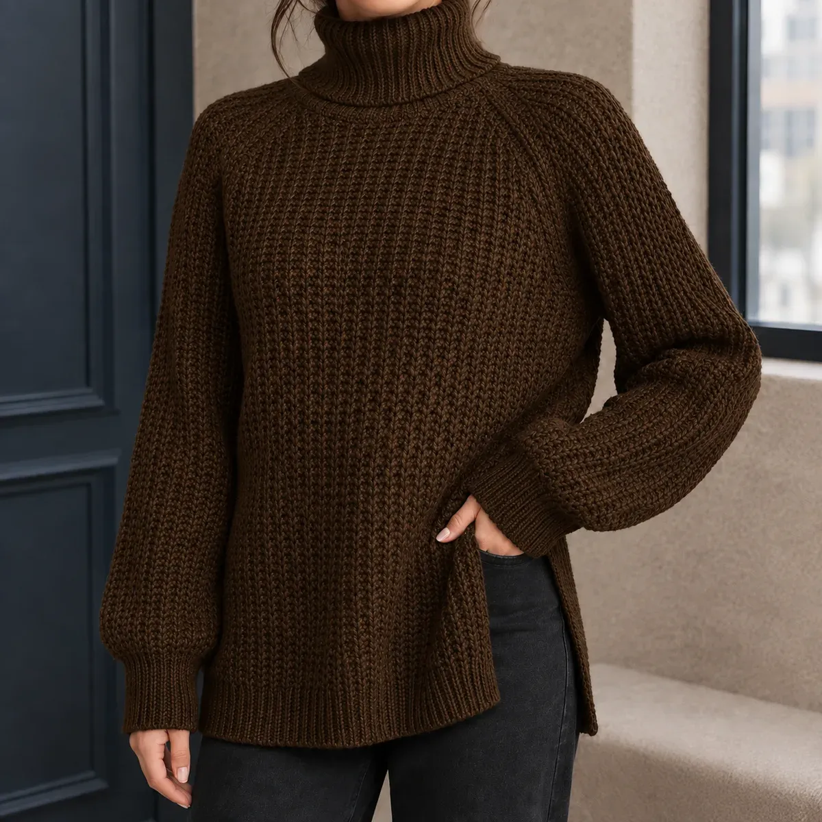 Hyacinth-Faye Ribbed Turtleneck Sweater in D.brown
